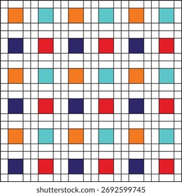 Grid of black vertical and horizontal lines on a white background, with larger squares coloured in neon orange, red, deep and cyan blue