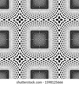 Grid black and white 3d vector seamless pattern. Surface optical illusion style background. Geometric repeat abstract backdrop. Greek key meanders square frames. Ornamental stylish trendy design.