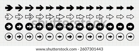 A grid of black and white arrows in various styles and shapes, including circular and linear designs, all pointing to the right. Arrows in different styles. Element vector set.