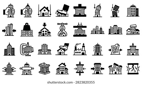 A grid of black and white icons depicting buildings and architectural structures with different symbolic meanings.