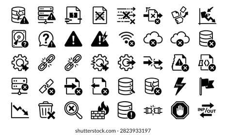 A grid of black and white icons depicting common computer technology problems like data loss, errors, and system failures.