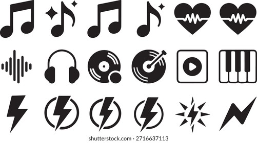 Uma grade de ícones em preto e branco com símbolos musicais, indicadores de saúde e motivos de energia.