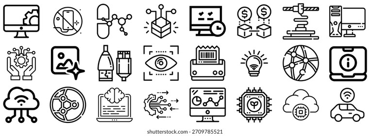 Una cuadrícula de iconos en blanco y negro que representan varios conceptos de tecnología e innovación, incluidos ordenadores, redes, IA y dispositivos IoT.