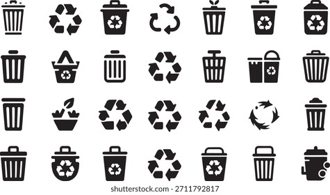 A grid of black and white icons representing various types of trash cans and recycling symbols.