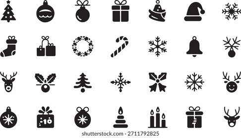 A grid of black and white icons representing various Christmas symbols and decorations, perfect for holiday designs.