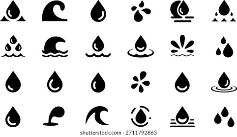Uma grade de ícones em preto e branco que representam vários elementos de água, como gotas, respingos e ondas.