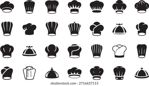 Una cuadrícula de iconos en blanco y negro que representan varios estilos de sombreros de chef, desde altos hasta cortos.