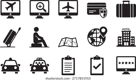 Una cuadrícula de iconos en blanco y negro que representan varios aspectos de los viajes y el transporte, incluidos los vuelos, los hoteles y el equipaje.
