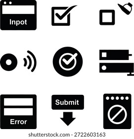 A grid of black and white icons representing various web and technology concepts including input fields, checkboxes, wireless signals, servers, error messages, and submit buttons.