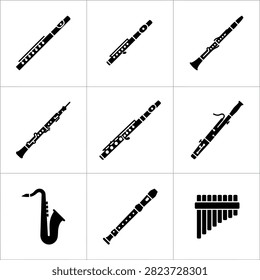 A grid of black and white icons representing various woodwind musical instruments.