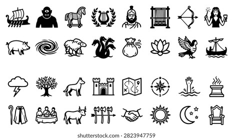A grid of black and white icons representing various elements of ancient Greek mythology and culture.