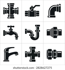 A grid of black and white icons representing various plumbing pipe fittings and fixtures like elbows, tees, faucets, and valves.