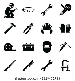 A grid of black and white icons representing various tools and safety gear used in industrial settings.