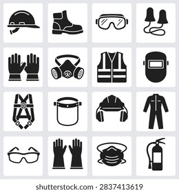 A grid of black and white icons representing various personal protective equipment used in industrial settings.