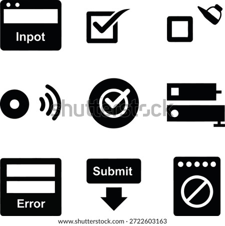 A grid of black and white icons representing various web and technology concepts including input fields, checkboxes, wireless signals, servers, error messages, and submit buttons.