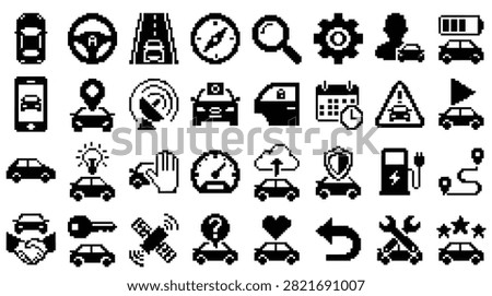 A grid of black and white icons representing various aspects of cars and driving.