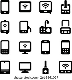 Una cuadrícula de iconos en blanco y negro que muestra varios elementos de tecnología y dispositivos, incluidos teléfonos inteligentes, computadoras y dispositivos de comunicación.