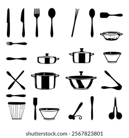 A grid of black and white icons of various kitchen utensils arranged in a 4x5 layout. Logo, kitchen tools for culinary use. Minimalistic style, vector