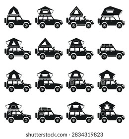 A grid of black and white illustrations of offroad vehicles equipped with rooftop tents for camping adventures.