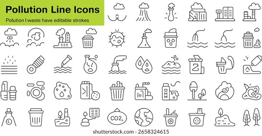 Una cuadrícula de iconos de líneas de arte en blanco y negro que representan varios conceptos ambientales y de contaminación, incluidas las fábricas, los desechos y los Elementos naturales.
