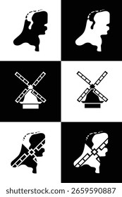 Una cuadrícula de cuadrados en blanco y negro presenta siluetas de un zueco holandés y un molino de viento, bandera de los Países Bajos.