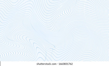 Grid is blue wavy, curved. Lines are distorted. Vector illustration background.