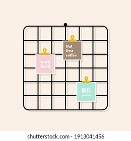 Grid board organizer. Inspirational quotes hanging with paper clips. Mood board. Freelance lifestyle. Vector illustration, flat design