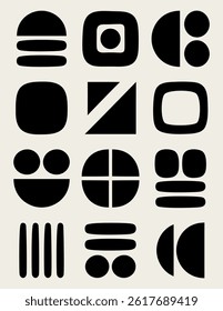Grid of bold abstract black geometric shapes on light background, ideal for modern design, branding, or digital art concepts. Trendy poster. Vector art.