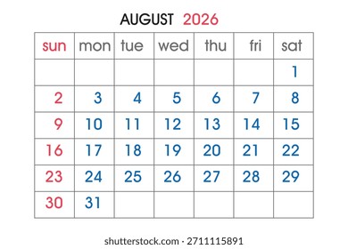 Un calendario de cuadrícula para agosto de 2026 que muestra los días de la semana y las fechas numeradas. Formato de Vector escalable adecuado para medios impresos y digitales.