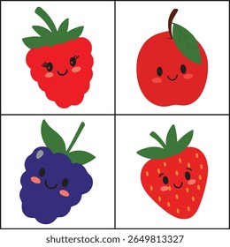 Uma grade de frutas de desenho animado com rostos. Inclui uma framboesa, maçã, amora e morango. Cada fruta tem um rosto bonito com expressão sorridente e bochechas rosadas.