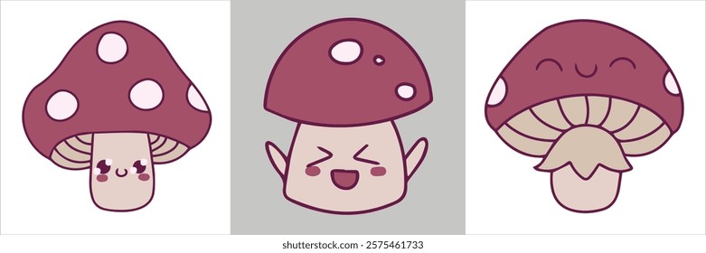 A grid of cartoon mushrooms, each with a red cap and white dots, presented in various playful poses