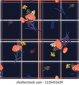 Grid-Check-Hintergrund auf der Oberseite mit schönen bräunenden Tulpenblättern und Gartenblumen nahtlose Muster, Vektorgrafik, Stoff und alle Drucke auf marineblauem Hintergrund
