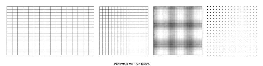 Grid checkered templates on white background. Basic shapes, lines and dotted empty pages design. Blueprint mesh, square vector creative graphic