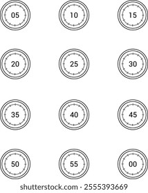 Grid of circles displaying time intervals in increments of 5 minutes, from 05 to 00, ideal for time management and scheduling designs.