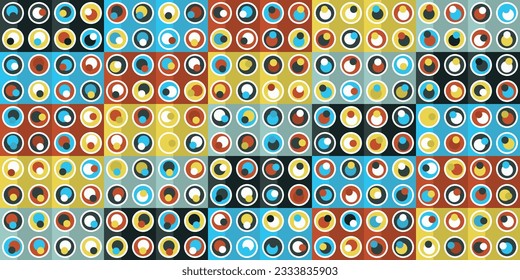 A grid of circles, inside of which there are another bright small circles. Vector grid of simple and colored circles. For wallpapers, pillows, notebooks, cups, textiles, interiors, packaging, covers.