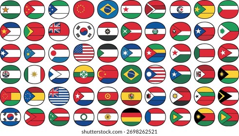 A grid of circular emblems, each displaying a different national flag, representing global diversity.