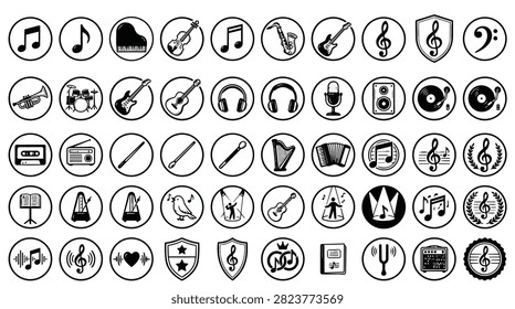 A grid of circular icons featuring various musical instruments and symbols like notes and clefs
