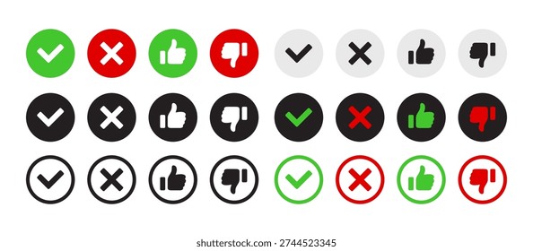 A grid of circular icons representing positive and negative feedback, including checkmarks, crosses, thumbs up, and thumbs down symbols in various color schemes