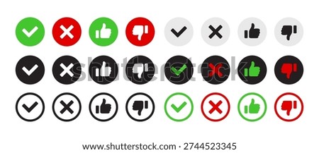 A grid of circular icons representing positive and negative feedback, including checkmarks, crosses, thumbs up, and thumbs down symbols in various color schemes