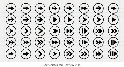 Grid of circular icons with various arrow designs, including play, pause, and fast-forward symbols. Arrows in circles, arrows for navigation, arrows for media control. Element vector set.