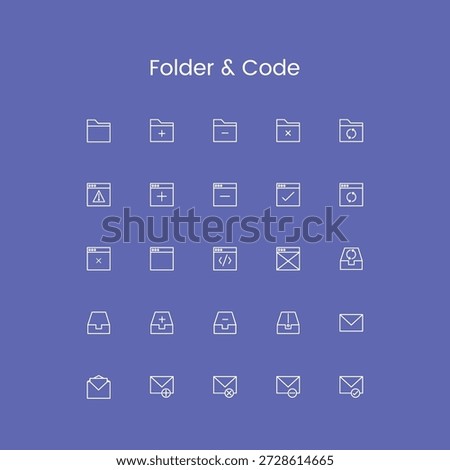 A grid of clean, white outline icons related to file management and coding, including folder icons, plus and minus symbols, and code snippets, on a purple backdrop.