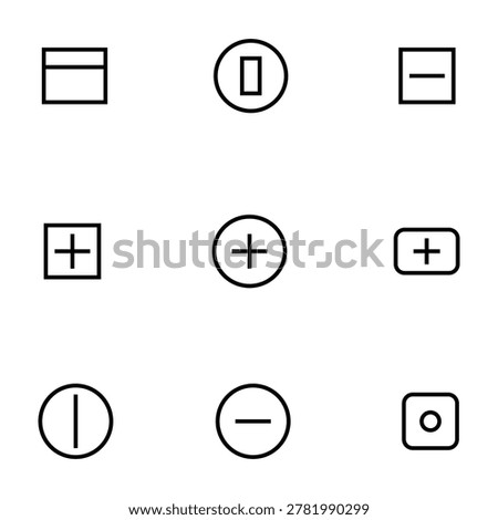A grid collection of nine minimalist linear UI interface and calculator buttons isolated on a white background, featuring thin black outline designs for plus, minus, math, and browser window symbols.