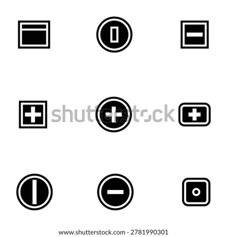 A grid collection of nine minimalist linear UI interface and calculator buttons isolated on a white background, featuring thin black outline designs for plus, minus, math, and browser window symbols.