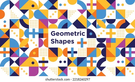 Grid with color geometrical shapes. Modern abstract promotional flyer background vector illustration set. Geometric template poster, brochure neo pattern