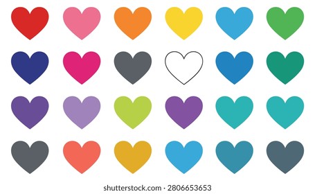 Grid of colorful heart icons featuring various beautiful shades with one blank white heart in the middle row.