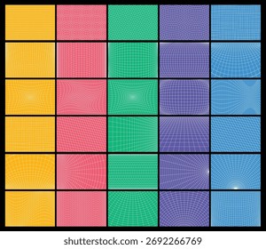 A grid of colorful squares with perspective grid patterns in various colors.