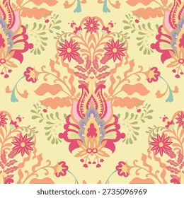 Grid composition with small stylized flowers in turquoise pink and lime tones for wallpaper bedding upholstery and textiles.