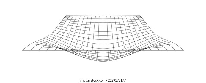 Grid with convex effec. Futuristic distorted net. Warped mesh texture. Geometric deformation. Gravity phenomenon. Bented lattice surface isolated on white background. Vector outline illustration