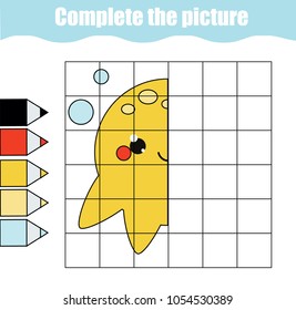 Grid copy drawing activity. Educational children game. Copy the picture. Printable sheet for kids and children. Animals theme, octopus