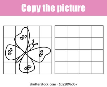 Grid copy game, complete the picture educational children game. Printable kids activity sheet with butterfly. Copy the picture.